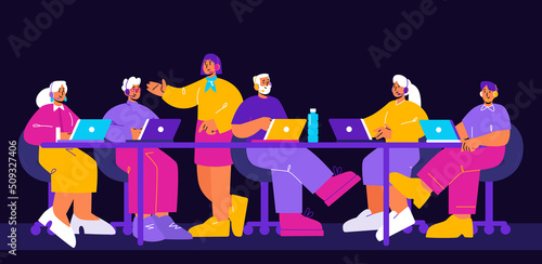 People work in call center, support service together. Vector flat illustration of hotline office operators in headsets sitting at desk with laptops on black background