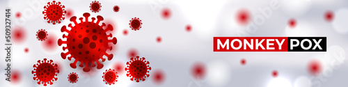 Monkeypox virus cells outbreak wide medical banner. Monkeypox virus cells on white sciense background. Monkey pox microbiological wide vector background. photo