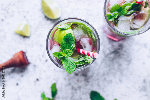 Summer refreshing drink with rhubarb, lemon and mint