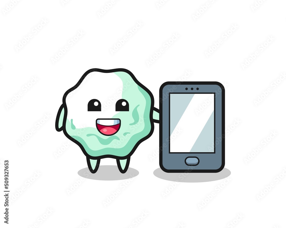 chewing gum illustration cartoon holding a smartphone chewing gum illustration cartoon holding a smartphone