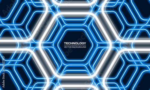 Blue and white neon hexagon abstract background. Abstract futuristic technology modern hexagonal background. White and blue neon honeycomb texture vector illustration.