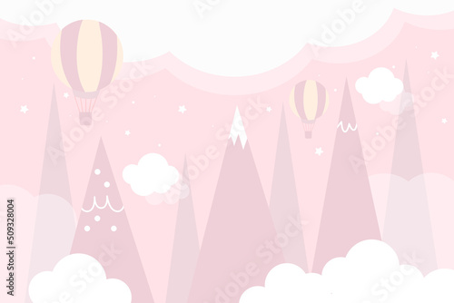 Vector hand drawn 3d wallpaper with mountains, clouds, stars and balloons. Mountains in Scandinavian style. Children's wallpaper.