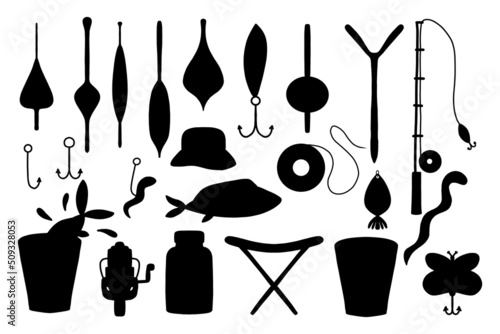 Fishing silhouettes set. Fishing tackle. Vector illustration.