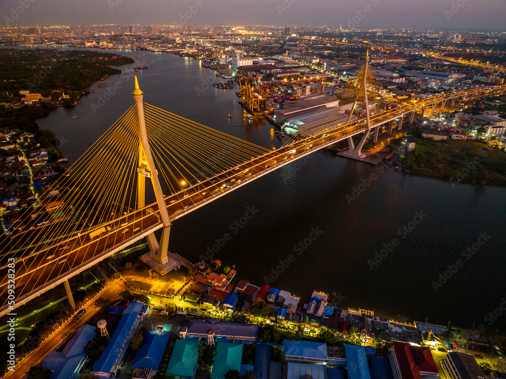 Fototapeta premium Aerial view of Bhumibol Bridge in Samut Prakan, Bangkok, Thailand