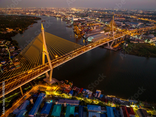 Aerial view of Bhumibol Bridge in Samut Prakan, Bangkok, Thailand © pierrick