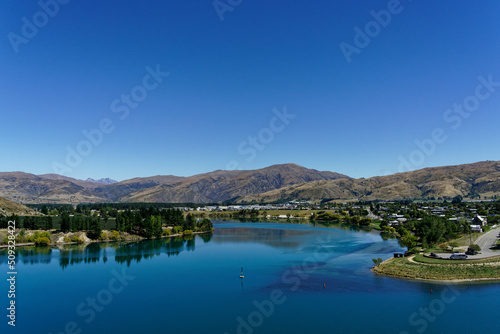 Cromwell and the Clutha/Mata-au river viewed from Jackson Lookout, Central Otago, south island, Aotearoa / New Zealand