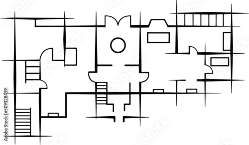 home plan vector as a digital sketch line drawing for the construction of a house with the design of the interior with rooms, furniture, stairs and doors  - technical schematic architecture image 