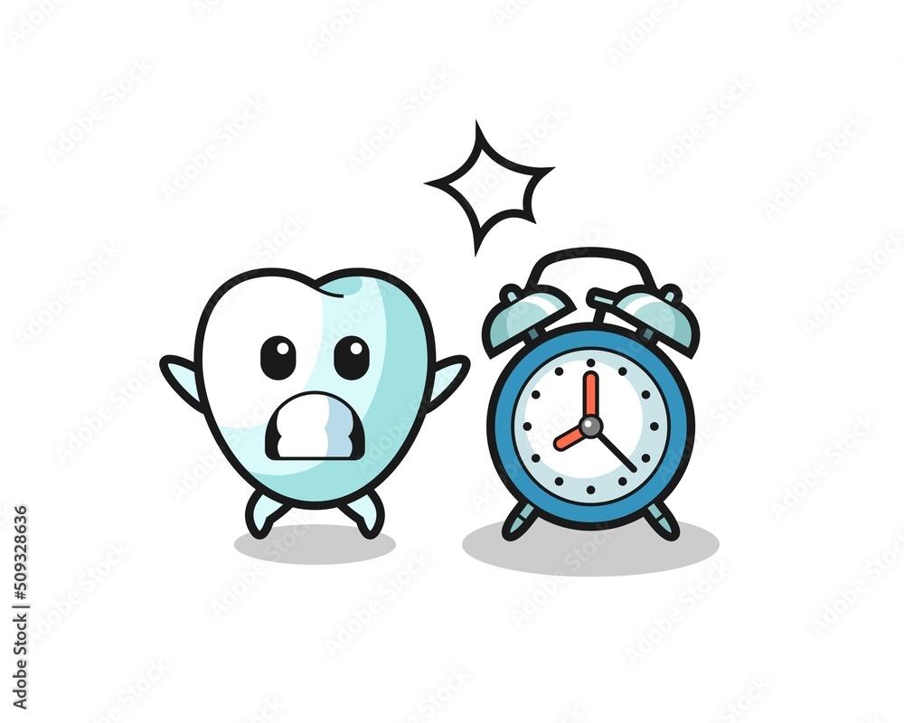Cartoon Illustration of tooth is surprised with a giant alarm clock Cartoon Illustration of tooth is surprised with a giant alarm clock