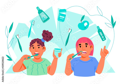 Kids dental care and pediatric dentistry clinic banner template, flat vector illustration isolated on white background. Group of children brushing teeth. Dental hygiene products and services.