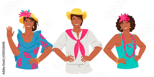 Cuban latino men and women flat vector illustration isolated on white background. Group of Cuban people for travel and tourism concept.