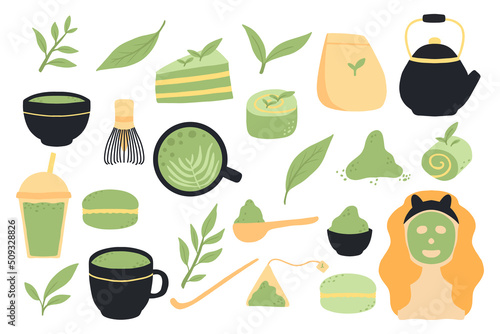 Matcha tea. Vector set of organic tea matcha powder, tea leaves, teapot, macarons, spoon, traditional cup, whisk, tools for Japanese ceremony. Matcha green tea ceremony. healthy drink