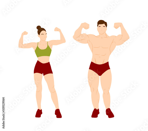 Young woman and man bodybuilder character set isolated on white background. Bodybuilding concept vector illustration in flat style. Cartoon full high body with muscles. Healthy sportive lifestyle