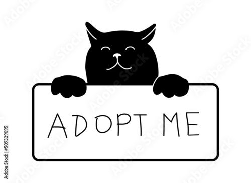 Cute cat face with banner, adopt me phrase, conceptual illustration isolated on white background. Doodle vector drawing. Rescue abandoned pet in shelter.