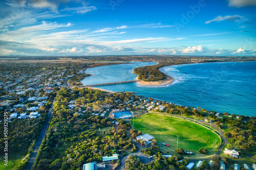 Drone view of the Barwon River and Barwon Heads, Victoria, Australia.
