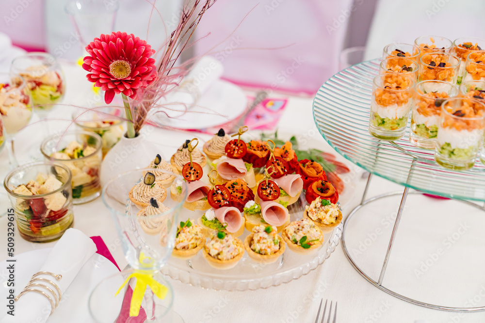 canapes on a plate. catering services for the banquet. convenient small snacks. canapes on a plate. catering services for the banquet. convenient small snacks.