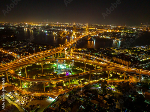 Wallpaper Mural Aerial view of Bhumibol Bridge in Samut Prakan, Bangkok, Thailand Torontodigital.ca