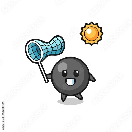dot symbol mascot illustration is catching butterfly