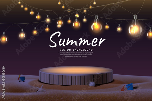 Wooden stage and glowing lamp hanging on the beach concept at night party design for product display. Vector illustration