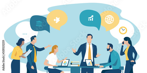 The leader and his team discussing the project. The teamwork. Vector illustration.