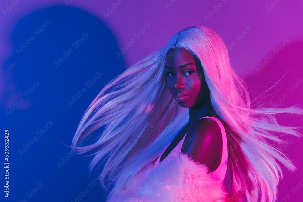 Profile side photo of beautiful seductive lady relaxing at lounge vip club zone isolated on gradient pink background Profile side photo of beautiful seductive lady relaxing at lounge vip club zone isolated on gradient pink background