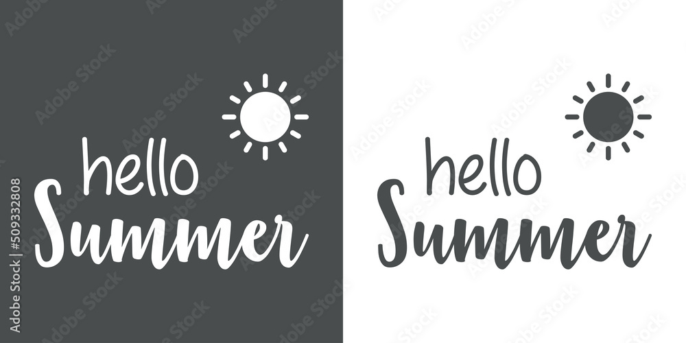 Texto manuscrito hello Summer con silueta de sol para su uso en banner y logotipos en fondo gris y fondo blanco
