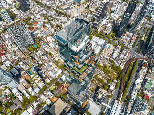 Aerial view of King Power Mahanakhon tower in Sathorn Silom central business district of Bangkok  Thailand