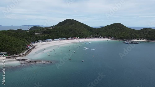 Green mountains and blue water Tawaen Beach Koh Larn Pattaya Chonburi Thailand taken from a drone photo