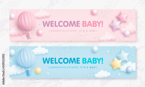 Set of baby shower invitation with cartoon hot air balloon, helium balloons and clouds on blue and pink background. It's a boy. It's a girl. Vector illustration