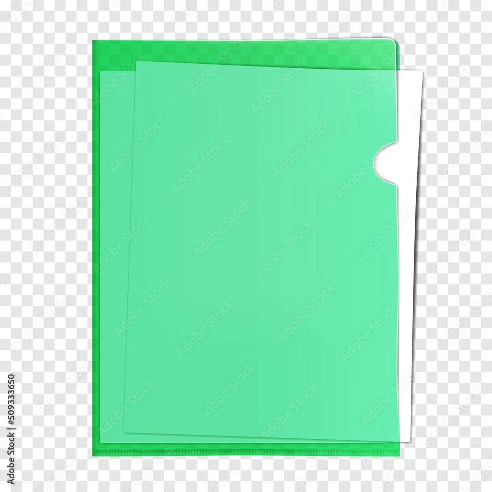 Clear color plastic project pocket with white blank paper inside realistic mockup. PVC corner file sleeve folder vector mock-up - obrazy, fototapety, plakaty 