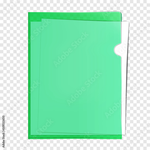 Clear color plastic project pocket with white blank paper inside realistic mockup. PVC corner file sleeve folder vector mock-up