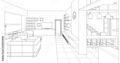 interior kitchen living room 3d illustration
