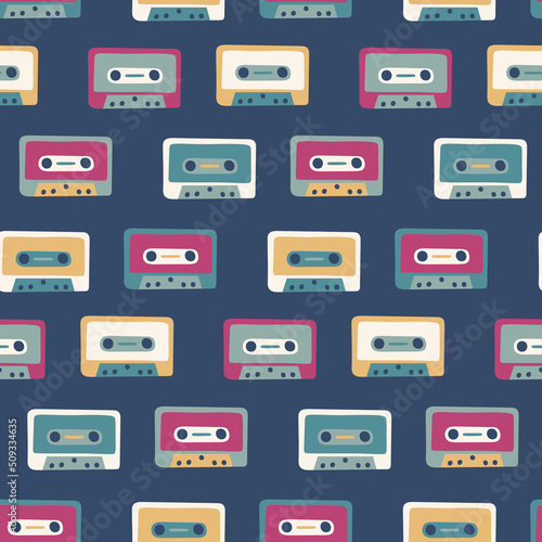 retro old cassette disco groovy funky seamless pattern on dark blue background