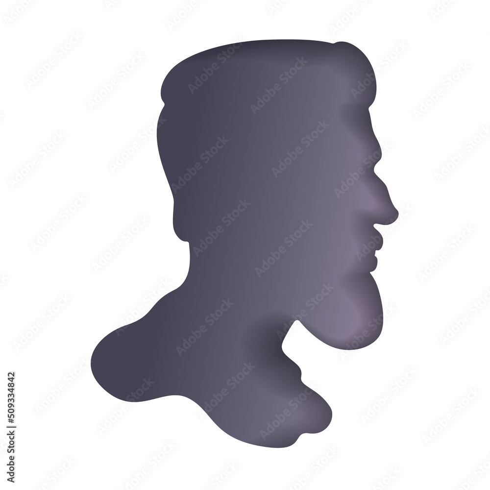Paper cut style. Face silhouette. Colored turquoise profile portrait of a male character. Origami silhouette. Art illustration of craft paper cut design.