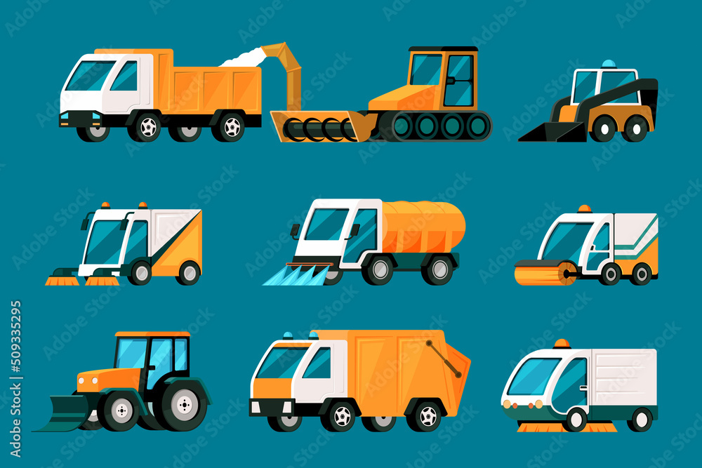 city cleaning cars. urban harvesting vehicles trucks with waste containers tractors big machines. Vector cartoon templates in flat style city cleaning cars. urban harvesting vehicles trucks with waste containers tractors big machines. Vector cartoon templates in flat style
