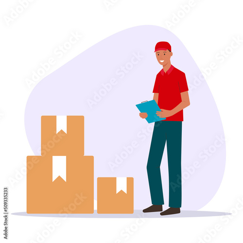 Delivery service. The courier delivers the goods in boxes to the address. Vector illustration