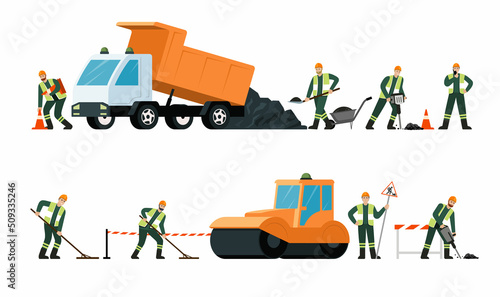road repair workers. highway professional workers making safety barricade. Vector illustration isolated