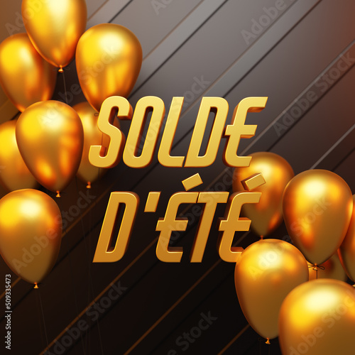 Solde dete - inscription in French Summer Sale. Realistic 3D Poster with black wall and gold Balloons for party and other promotion social media banners. 3D illustration photo