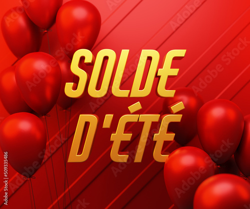 Solde dete - inscription in French Summer Sale. Realistic 3D Poster with Red wall and Balloons for party and other promotion social media banners. 3D illustration photo