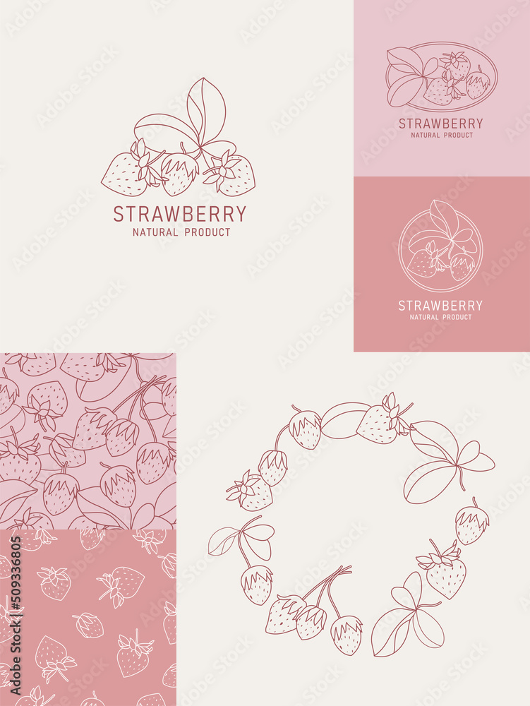 Vector illustration strawberry fruits - vintage minimalist style. Logos set composition in retro botanical style. Seamless paattern.