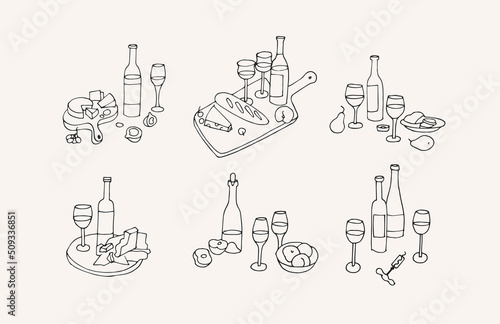 Vector trendy illustration template and icons in linear style - wine sets with bottles of wine, glasses and plates with cheese and fruits.