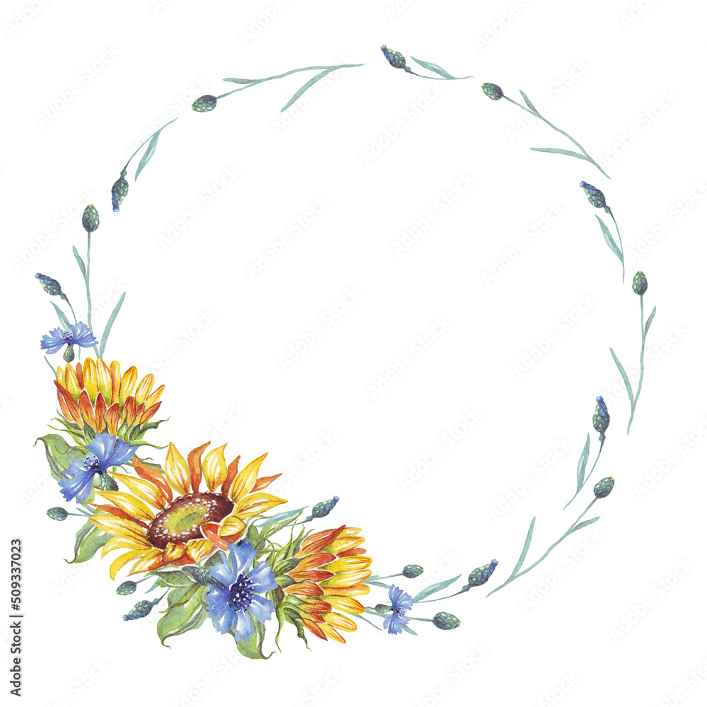 Obraz premium Wreath. Watercolor sunflower and cornflower