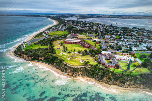 Aerial view of the old fort in Queenscliff. Victoria, Australia. May 2022 