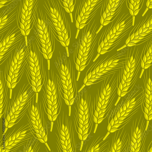 Seamless pattern with ears of wheat on a dark yellow background.