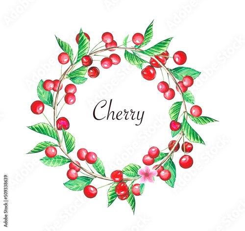 Wreath of cherry branches with berries, watercolor illustration isolated on white background