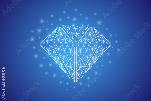 Diamond low poly symbol with white connected dots. 3d geometric polygonal Jewelry. Brilliant, gem, luxury design vector illustration.