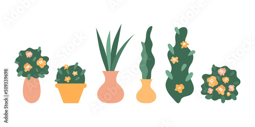 Abstract flowers in vase, bloom bush, leaves in pots. House, garden, park decoration. Vector isolated elements set.