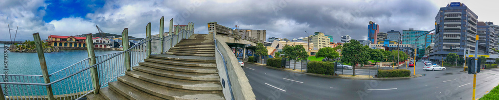 Fototapeta premium Wellington, New Zealand - September 5, 2018: Panoramic view of city skyline along the coastline