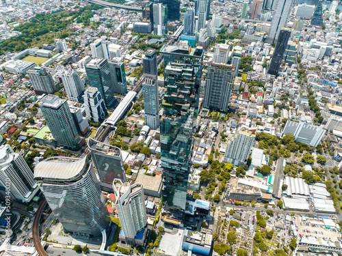 Photography Aerial view of King Power Mahanakhon tower in Sathorn Silom central business dis