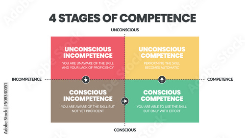 Matrix diagram of 4 stages of competence into a vector chart infographic for human resource development such as Unconsciously and Consciously Incompetent, Consciously, and Unconsciously Competent. 