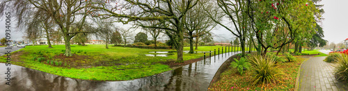Kuirau Park on a rainy day in Rotorua  New Zealand. Panoramic view